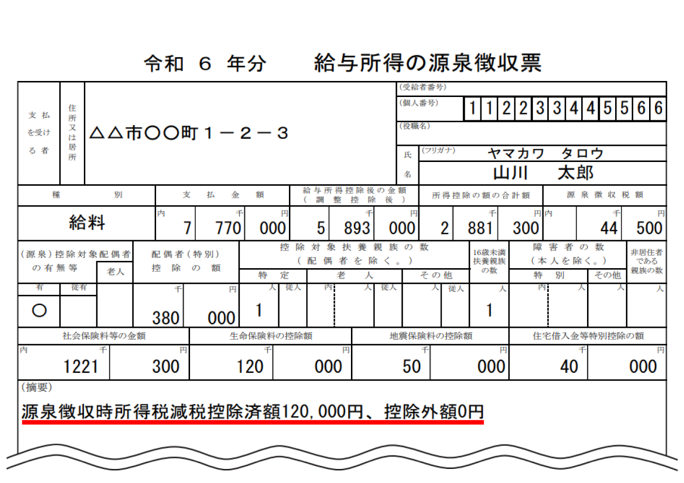 給与所得の源泉徴収票の記載例